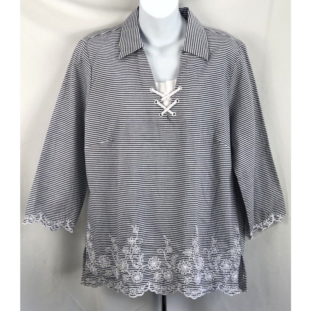 Alfred Dunner top 10 blue stripe laceup layered Embroidered lace Scallop Coastal